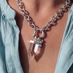 Chunky sterling silver edgy chain with clear quartz pendant